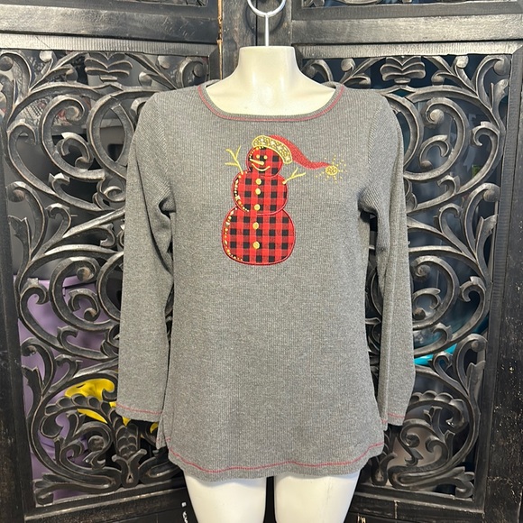 Quacker Factory Gray Long Sleeve Buffalo Plaid Embellished Snowman Thermal Shirt - Picture 3 of 9